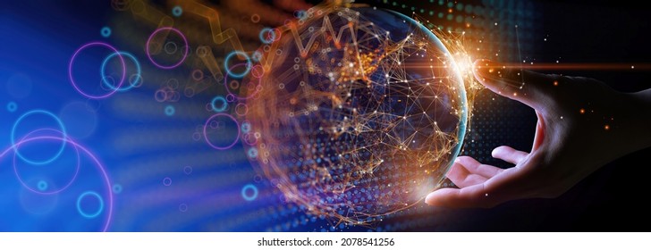 Businessman hand holding The metaverse universe,night grow earth and global online networking connection with data exchanges, global communication network security concept.