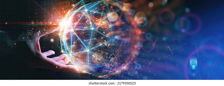 Businessman hand holding The metaverse universe,night grow earth and global online networking connection with data exchanges, global communication network security concept