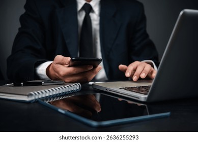 Businessman hand holding mobile phone business communication, digital workflow, remote work and technology integration corporate environment.