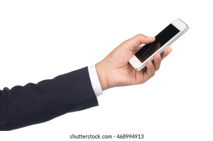 Businessman Hand Holding Mobile Phone Isolated On White Background.