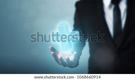 Businessman hand holding plus sign virtual means to offer positive thing (like benefits, personal development, social network)