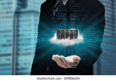 A businessman hand holding and showing the concept of  cloud computing internet technology in his hand