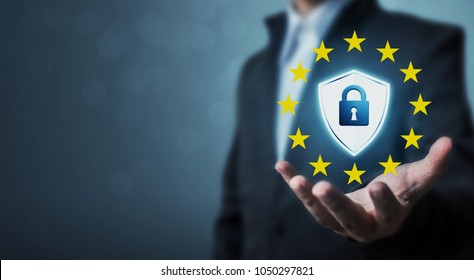 Businessman Hand Holding Sign General Data Protection Regulation (GDPR) And Shield With Key Icon