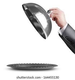 Businessman Hand Holding Silver Platter Or Cloche With Space To Place Object Isolated On White Background High Resolution 