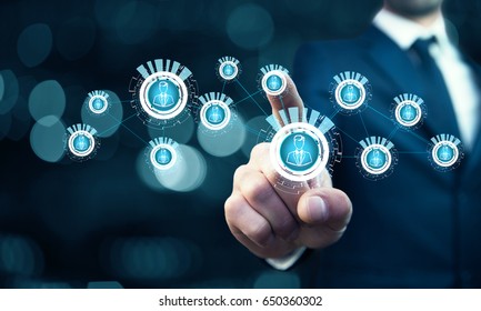 businessman hand holding social network in screen - Shutterstock ID 650360302