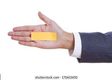 Businessman hand holding sticky note, isolated on white. with using path 