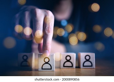 Businessman hand holding touching employment choice concept which print screen on wooden cube block, Business service rating , Satisfaction concept.Selection and Choosing emotion or mood concept.