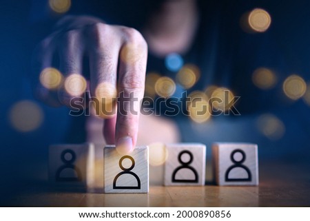 Businessman hand holding touching employment choice concept which print screen on wooden cube block, Business service rating , Satisfaction concept.Selection and Choosing emotion or mood concept.