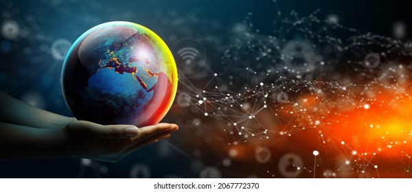 Businessman hand holding World Technology Connection with Abstract Background. Global Connected Concept. Elements furnished by NASA.