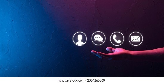 Businessman Hand Holding,pressing On Icon Phone, Mail, Telephone,message,post And Person,user. Customer Service Call Center Contact Us Concept.Banner,copy Space.Contact Methods