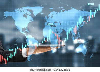 Businessman hand holds tablet with forex candlestick chart, world map, and digital financial data on screen background, concept of global economy