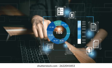 Businessman hand interacting with data visualization dashboard on laptop showcasing document management system and digital workflow
