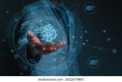 Businessman hand with Machine learning Artificial intelligence AI technology concept on virtual screen. Internet of Things IoT, big data, 4.0 industrial technology. ai concept.