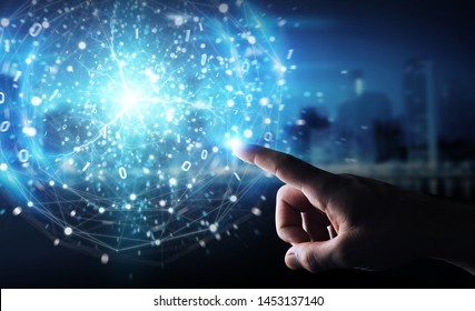 Businessman hand on dark background creating renewable and sustainable eco energy with electrical sphere 3D rendering - Shutterstock ID 1453137140