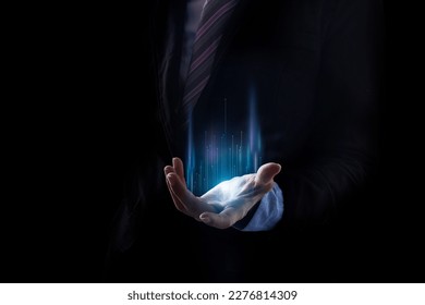 Businessman hand open holding blue light, line. Digital transformation conceptual for next generation technology - Powered by Shutterstock