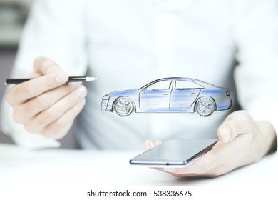 Businessman hand phone and car on white background