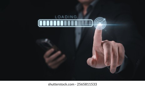 Businessman hand point his finger at virtual screen with arrow and progress loading bar in concept of target goal achievement progress.