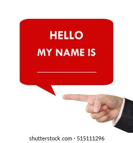 Businessman Hand Pointing Hello My Name Is With Copyspace In Bubble Speech On White Background, Business Concept, Template