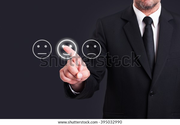 Businessman Hand Pointing Smiley Face Icon Stock Photo 395032990 ...