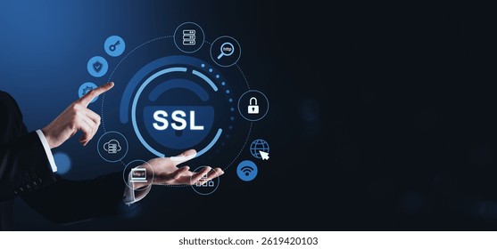 Businessman hand pointing at SSL symbol with cybersecurity icons on a dark blue tech background, representing secure web encryption concept