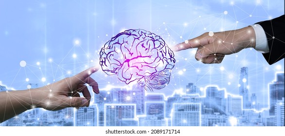 Businessman hand pointing to a virtual hologram network. The concept of mind control, in the form of a human brain on the index finger of a polygonal human hand. Global network concept.