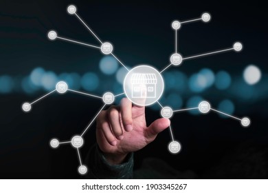 Businessman Hand Pointing To Virtual Shopping Store Which Connection Line With Others Small Shopping Stores , Expand And Development Franchise Concept.