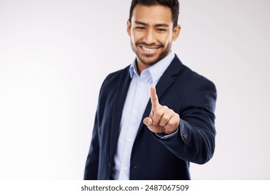 Businessman, hand and press for touchscreen technology, online database or dashboard in studio. Employee, click and invisible display for vr, futuristic biometrics and metaverse by white background - Powered by Shutterstock