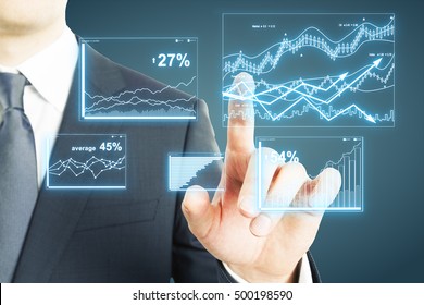 Businessman hand pressing abstract financial chart on grey background. Digital finance report 