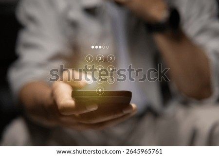 Businessman Hand pressing passcode button on virtual screen to unlock, security system, cyber security, technology network concept.