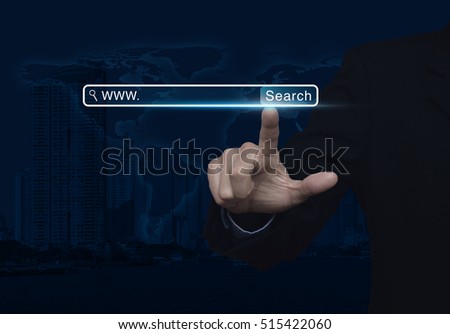 Businessman hand pressing search www button over map and city tower, Searching system and internet concept, Elements of this image furnished by NASA
