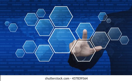 Businessman hand pushing blank hexagon shape virtual technology screen over computer binary code with digital world map, Elements of this image furnished by NASA