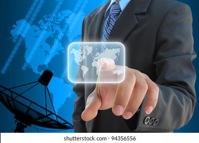 businessman hand pushing button on a touch screen interface