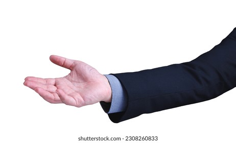 Businessman hand reach out with palm open up isolated in white background. Ready for help and support concept.