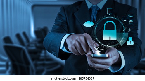 businessman hand show 3d mobile phone with padlock as Internet security online business concept 