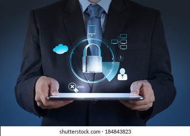 businessman hand show 3d world  with padlock as Internet security online business concept