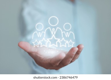 Businessman hand show business client retention icon, people membership group with 5 star. Customer experience concept, best excellent service rating for satisfaction. Customer Relationship Management - Powered by Shutterstock