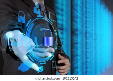 businessman hand showing 3d padlock on touch screen computer as Internet security online business concept 