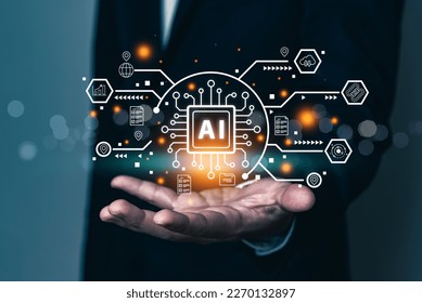 Businessman hand showing AI tech with cloud computing concept, solve problem and data management on network, cyber security, digital transformation, finance, document file management, AI chip. - Shutterstock ID 2270132897