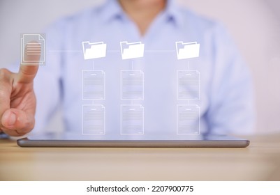 Businessman Hand Showing Electronic Document Management Icon. Concept Of Efficient Access To A Corporate Business Online Document Database. Internet File System Paperless Office On Digital Technology