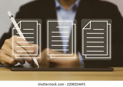 Businessman Hand Showing Electronic Document Management Icon. Concept Of Efficient Access To A Corporate Business Online Document Database. Internet File System Paperless Office On Digital Technology