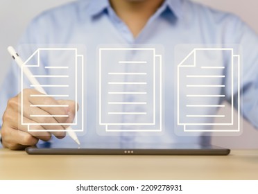 Businessman Hand Showing Electronic Document Management Icon. Concept Of Efficient Access To A Corporate Business Online Document Database. Internet File System Paperless Office On Digital Technology