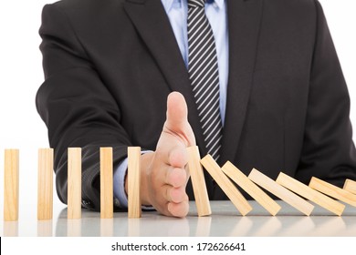 Businessman Hand Stop Dominoes Continuous Toppled 