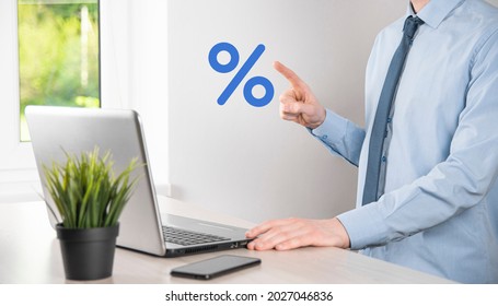 Businessman Hand Takes A Percentage Symbol Icon. Interest Rate Financial And Mortgage Rates Concept