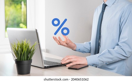 Businessman Hand Takes A Percentage Symbol Icon. Interest Rate Financial And Mortgage Rates Concept