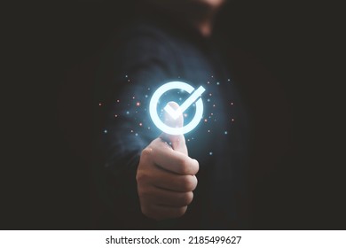 Businessman hand thumb up with virtual correct sign or tick mark for approve quality assurance and guarantee concept. - Shutterstock ID 2185499627