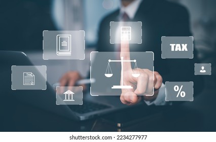 Businessman hand touch bar TAX, Refund tax of duty taxation business, graph labor law attorney legal business,graphs and chart being demonstrated on the screen media, tablet and selecting tax refund. - Shutterstock ID 2234277977