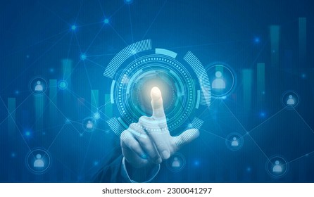 businessman Hand touch digital hud interface futuristic technology background of virtual computer screen display ui future concept or cyber communication hologram. - Powered by Shutterstock