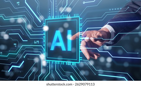 Businessman hand touches glowing AI chip icon on dark tech background with neon lines, representing artificial intelligence and future tech