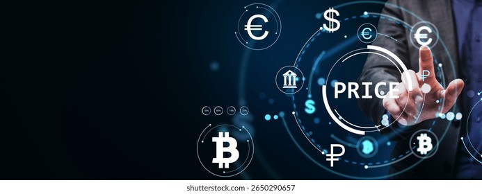 Businessman hand touches glowing currency and crypto symbols on a futuristic digital interface, financial data concept on dark background