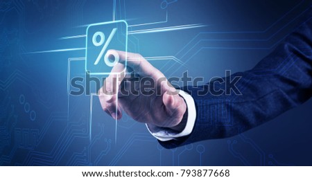 Businessman hand touches virtual percent icon.